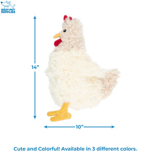 chicken toy with measurements and color availability information on a white background