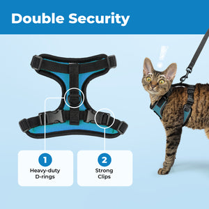 Cat wearing a blue harness with text highlighting 'Double Security' features on a light blue background.