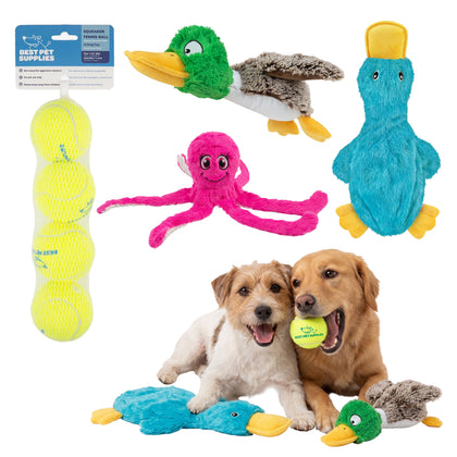 Dog Toy Enrichment Bundle - 4 Piece Set w/ Tennis Balls, Plush Squeak Toy & Crinkle Stuff-less Toy