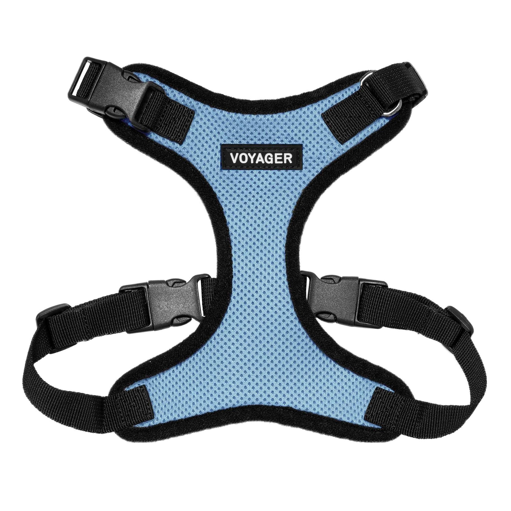 VOYAGER Step-In Lock Dog Harness in Baby Blue with Black Trim and Webbing - Front