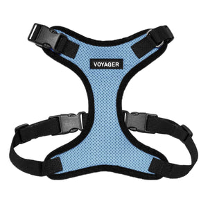 VOYAGER Step-In Lock Dog Harness in Baby Blue with Black Trim and Webbing - Front