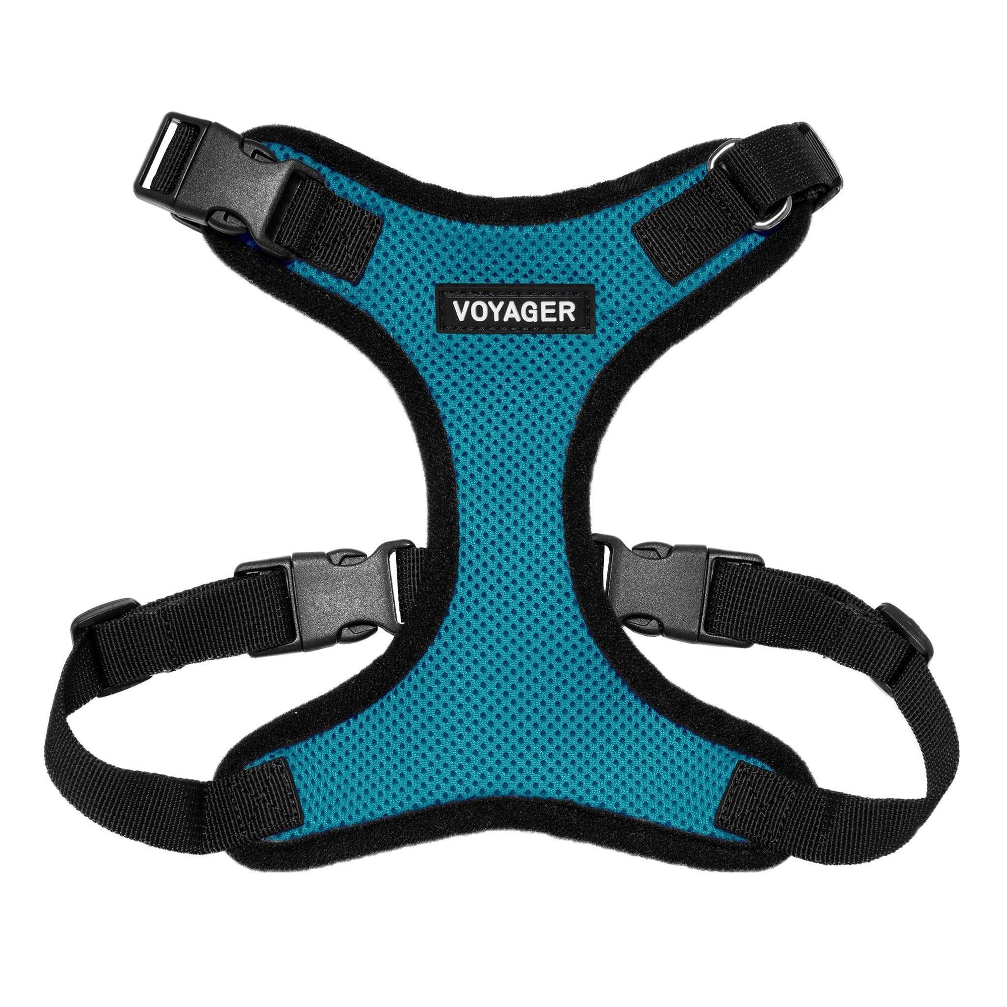 VOYAGER Step-In Lock Dog Harness in Turquoise with Black Trim and Webbing - Front