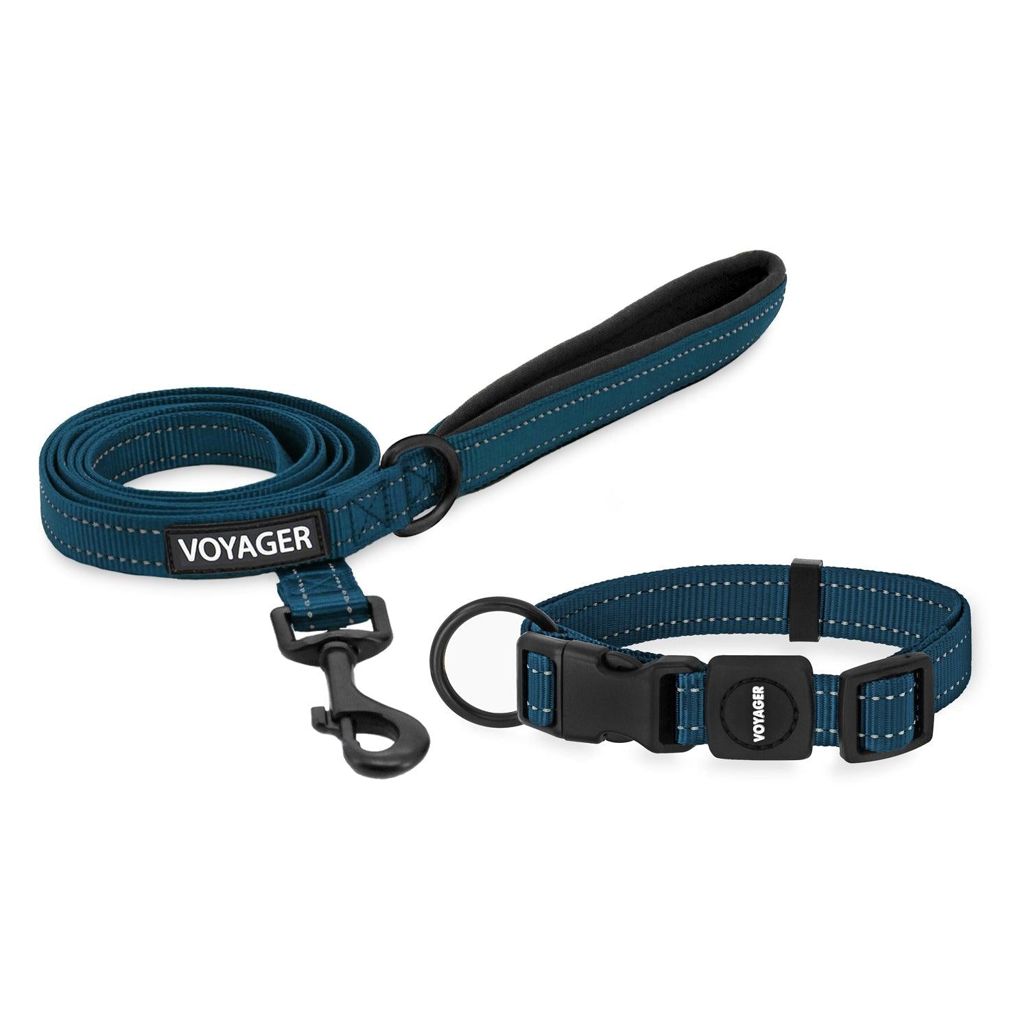 Voyager Reflective Dog Leash Collar Set with Neoprene Handle Supports Small, Medium, and Large Breed Puppies, Cute and Heavy Duty for Walking, Running
